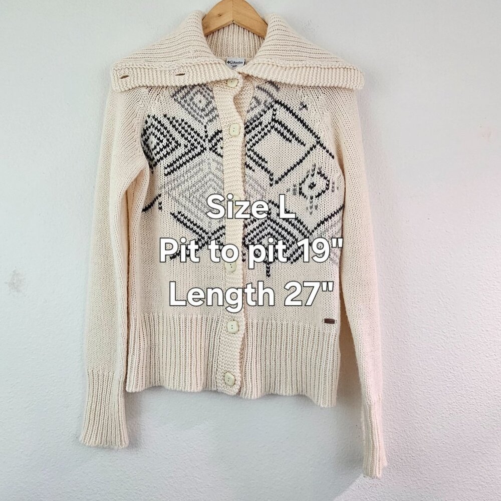 Columbia Womens Sz L Turtle Neck FairIsle Aztec Cardigan Sweater Wool blend EUC - Picture 6 of 12